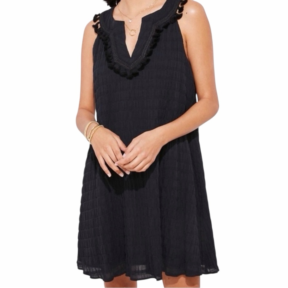 Vineyard Vines Black V Neck Sleeveless Pom Pom Tassel Collar Pullover Dress XL